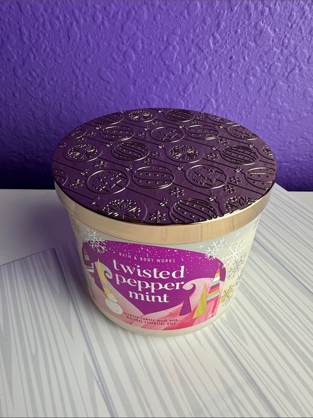 Bath & Body Works Twisted Peppermint 3-Wick Candle Purple Embossed Lid Holiday